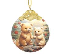 Cute Bears Christmas Ornament Round Shape Glass Christmas Hanging Pendants for Xmas Tree Decoration, Unique Acrylic Suncatcher Xmas Decor Holiday Pendants Gift Gold