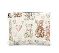 Cute Bears Makeup Bag, Vintage Heart Pattern Cosmetic Pouch for Women, Portable Small Canvas Zipper Organizer, Valentine'S Day Skincare Toiletry Bag, Cream, 7x9 Inch, Bears