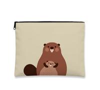 Cute Beaver Makeup Bag, Adorable Animal Illustration Cosmetic Travel Pouch for Kids, Portable Small Canvas Zipper Organizer, Fun Gift for Birthday, Family Festivals, Beige, 7x9 Inch, Beaver