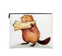 Cute Beaver Makeup Pouch, Adorable Animal Theme Cosmetic Bag for Women, Portable Small Canvas Zipper Organizer, Perfect Choice for Nature Lovers, Seasonal Travel Essentials, White, 7x9 Inch, Beaver