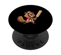 Cute Beaver Playing Cricket Bat Winking Cartoon PopSockets Adhesive PopGrip