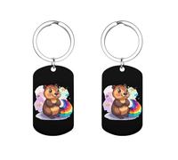 Cute Beaver Rainbow Tail Personalized Metal Key Tags with Labels Keychain Stainless Steel Key Rings Signs