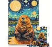 Cute Beaver Starry Night Jigsaw Puzzles 1000 Piece for Teenagers Cognitive Skill Clear Color Fun Challenge Home Accent (50x75cm)