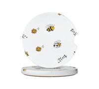 Cute Bee Cork Back and Finger Slot with 2 Pcs Ceramic Coasters, Car Cup Holder Coasters