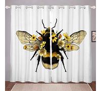 Cute Bee Curtain for Kids Boys Girls Social Insects Print Blackout Curtains Blossom Flowers Window Curtains for Bedroom Bee Printed Darkening Thermal Drapes 2 Panel Set W66*L72
