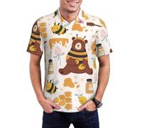 Cute Bee Honey Jar Hive Bear Print Men's Shirts Short Sleeve Classic Button Golf Shirt Moisture Wicking Tees