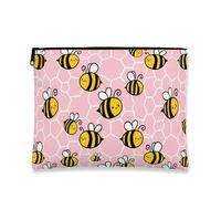 Cute Bee Makeup Bag, Playful Honeycomb Cosmetic Pouch for Women, Portable Small Canvas Zipper Organizer, Spring Skincare Travel Bag, Peach, 7x9 Inch, Bee