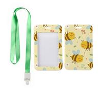 Cute Bees and Flowers Card Holder with Green Lanyard, Work Card Holder, Vertical Cards Protector for Worker, Vertical Name Badges Protector for Driver, Bus Driver Accessories Teacher Stuff