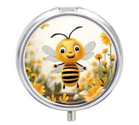Cute Bees Daisy Flower Pill Box Cute Round Pill Case Portable Medicine Tablet Vitamin Holder Organizer for Purse Pocket