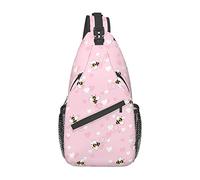 Cute Bees Sling Bag Crossbody Backpack Cartoon Seamless Pattern with Bees and Hearts on Pink Color Background Travel Hiking Daypack Adorable Bees Insects Print Chest Bag Shoulder Bag for Women Men