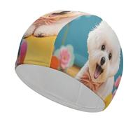 Cute Bichon Frise Dog Bathing Cap High Elasticity Swimming Caps Fit Both Long Hair Short Hair Comfortable Large Shower Cap for Drag Reduction and Hair Protection