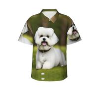 Cute Bichon Frise Dog Men's Cotton Shirt Men's Short-Sleeved Shirt Button Casual Shirt Loose Top Holiday, Black, XXXL