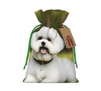 cute Bichon Frise Dog print Christmas bag, drawstring sack, with kraft paper label, lightweight and fashionable