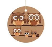 Cute Big Brown Cartoon Owls Double-Sided Ceramic Christmas Ornaments - Round Hanging Mini Xmas Tree Decorations, Ideas for Farmers, Rustic Home Decor for Indoor Outdoor Tree Decor