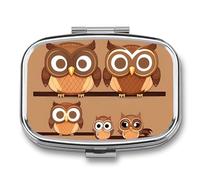 Cute Big Brown Cartoon Owls Pill Box - 2 Compartment Travel Pill Organizer with Small Mirror, Portable Pillcase for Pocket & Purse, Cute Square Medicine Case, Weekly Medicine Container