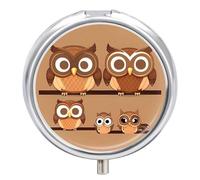 Cute Big Brown Cartoon Owls Pill Box - 3 Compartment Travel Pill Organizer with Small Mirror, Portable Pillcase for Pocket & Purse, Cute Round Medicine Case, Weekly Medicine Container