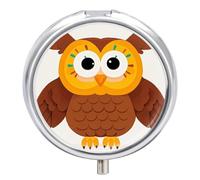 Cute Big Brown Cartoon Owls Pill Box 3 Compartment Waterproof Pill Case with Mirror Round Container Metal Medicine Box Organizer Portable Vitamin Case for Pocket & Purse Travel