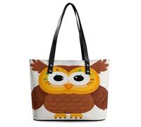 Cute Big Brown Cartoon Owls Tote Bag Large Soft Leather Purse with Zipper Lightweight Ladies Shoulder Handbag