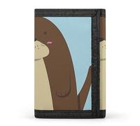Cute Big Brown Fat Otter on Light Blue Background Trifold Wallet, Stylish Purse with Keychain, Credit Pass Case Card-Holder for Crash Bills Receipts Women Men 5 x 3.3 x 0.2 Inch
