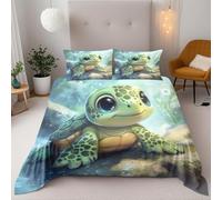 Cute Big Eyed Green Sea Turtle Single Duvet Cover Set 135X200Cm 3D Printed Bedding Set 3 Pieces Soft Microfiber Polyester Quilt Cover With 2 Pillowcases Zipper Closure Design For Kids Teens Adults