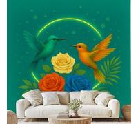 Cute Bird Flower Wall Paper Hummingbird Rose Art Photo Wallpaper 3D Effect 500x350 cm Green Neon Wall Mural for Bedroom Living Room Peel and Stick Home Decoration Dg28n