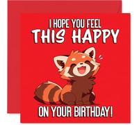 Cute Birthday Card - Bursting with Birthday Cheer - Adorable Cartoon Red Panda on a Vibrant Red Backdrop - Guaranteed to Lift the Mood - 145mm Square, Envelope Included