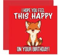 Cute Birthday Card - Bursting with Birthday Cheer - Happy Fox Illustration in Bold Red and Orange - Guaranteed to Spread Big Smiles - 145mm Square, Envelope Included