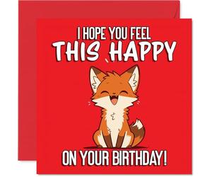 Cute Birthday Card - Bursting with Birthday Cheer - Happy Fox Illustration in Bold Red and Orange - Guaranteed to Spread Big Smiles - 145mm Square, Envelope Included