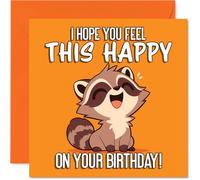 Cute Birthday Card - Bursting with Birthday Cheer - Happy Raccoon on a Vibrant Orange Backdrop - Guaranteed to Lift Anyone's Spirits - 145mm Square, Envelope Included