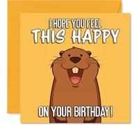 Cute Birthday Card - Bursting with Birthday Cheer - Smiling Cartoon Beaver on Sunny Yellow - Guaranteed to Spread Smiles All Round - 145mm Square, Envelope Included