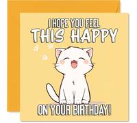 Cute Birthday Card - Bursting with Birthday Cheer - Smiling Cat on Bright Yellow Background - Guaranteed to Lift Anyone's Mood - 145mm Square, Envelope Included