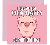 Cute Birthday Card - Bursting with Happiness - Cartoon Pig in Pink Radiates Birthday Joy - Sure to Lift Spirits - 145mm Square, Envelope Included