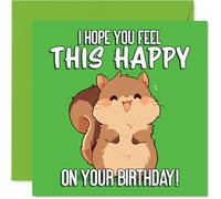 Cute Birthday Card - Bursting with Joy - Cheerful Cartoon Squirrel in Green and Brown - Sure to Bring a Big Birthday Smile - 145mm Square, Envelope Included