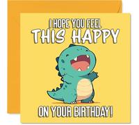 Cute Birthday Card - Bursting with Joy - Cheerful Dinosaur on Bright Yellow Backdrop - Sure to Spark a Big Birthday Smile - 145mm Square, Envelope Included
