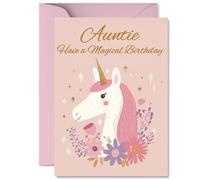 Cute Birthday Card for Auntie - Sprinkle a Bit of Magic - Whimsical Unicorn and Floral Design in Pink and Gold - Sure to Brighten Her Day - 5X7 Inch, Envelope Included