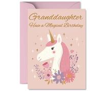 Cute Birthday Card for Granddaughter - Sprinkle a Dash of Magic - Whimsical Unicorn Dancing Among Pink Flowers - Adds Sparkle to Her Birthday Wishes - 5X7 Inch, Envelope Included