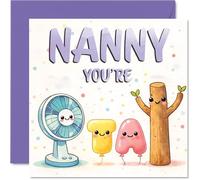 Cute Birthday Card for Nanny - Bursting with Cheer - Adorable Cartoon Fan and Tree Characters on a Pastel Purple Card, Mothers' Day - 145mm Square, Envelope Included