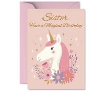 Cute Birthday Card for Sister - Make Her Day Sparkle - Whimsical Unicorn and Flowers in Pink and Gold - Cheerful Magical Design for a Special Sister - 5X7 Inch, Envelope Included