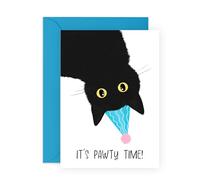Cute Birthday Card - It's Pawty Time! with Black Cat in Party Hat - Gifts for Him, Her, Men, Women, Kids, Colleagues, Friends, BFF, Besties, Dad, Mum, Son, Daughter-Comes with Envelope and Stickers