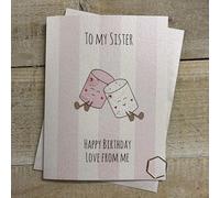 Cute Birthday Card - Sister - 2 Marshmallows Character, hand decorated with Glitter & Gems (DO44-S)