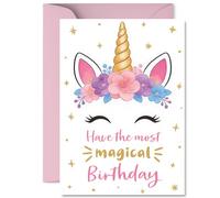 Cute Birthday Card - Sprinkle a Little Magic - Whimsical Unicorn with Gold Horn and Floral Crown - Pink, Sparkly Design to Brighten Her Special Day - A5, Envelope Included