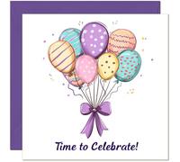 Cute Birthday Card - Time to Celebrate! - Purple Balloon Ribbon Card