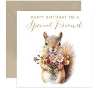Cute Birthdays Cards for Female Friend - Squirrel holding Flowers - Birthday Cards for Special Friend from Bestie - Wonderful and Charming Birthday Card Designs for Women BFF - Blank Inside - Gift