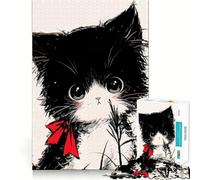 Cute Black And White Neko Cat with Red Bow for Adults 1000 Piece Jigsaw Puzzle DownTime Game Indoor Play Fun Challenge Wall Accent (38x26cm)