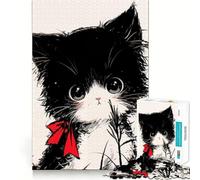 Cute Black And White Neko Cat with Red Bow Jigsaw 1000 Pieces for Adults Stress Relief Play Neat Cut Family Enjoyable Christmas Idea (38x52cm)