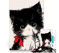Cute Black And White Neko Cat with Red Bow Jigsaw Puzzle 1000 Piece for Teenagers Focus Boost Accurate Cut Family Fun Wall Display (50x75cm)