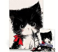 Cute Black And White Neko Cat with Red Bow Jigsaw Puzzle 1000 Piece for Teenagers Focus Boost Accurate Cut Family Fun Wall Display (50x75cm)