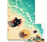 Cute Black Cat Beach Day 1000 Piece Jigsaw Puzzles for Adults Relax Game Good Thick Fun Hobby Xmas Surprise (38x52cm)