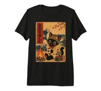 Cute Black Cat Camping Japanese Woodblock Vintage Campfire Premium T-Shirt