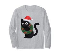 Cute Black Cat Christmas Wreath Santa Hat Holiday Kitty Art Long Sleeve T-Shirt